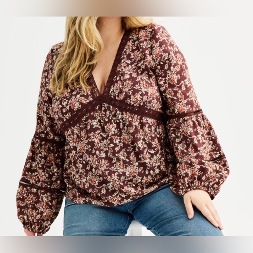 SO Pink Floral Long Sleeve Peplum Blouse Size L